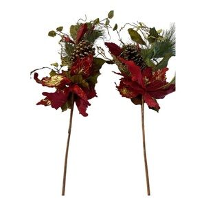 Faux Pine Needle Pine cone Stem Bundle Branches set of 5 two with poinsettias